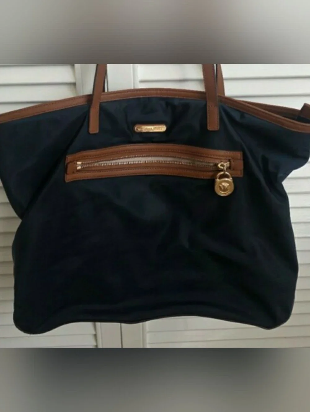 Michael Kors Kempton Black and Brown Leather-Trim Nylon Tote